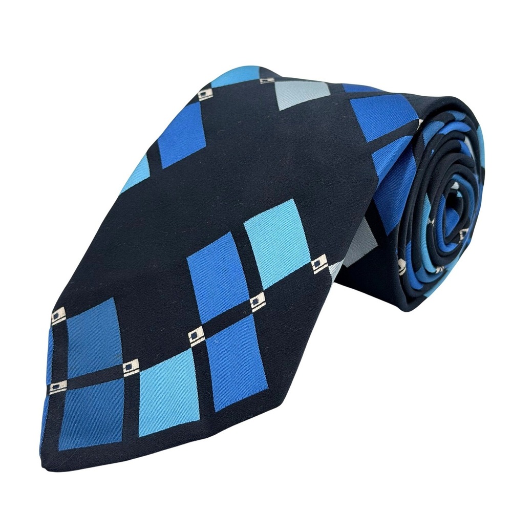 Givenchy Gentlemen Paris Black Blue Geometric Diamond Vintage Mens Necktie 56"L